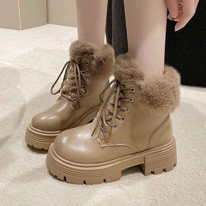Winter thick heel Martin boots fleece-lined rabbit fur thick bottom short boots Women's soft leather cotton shoes women's snow boots mother cotton boots