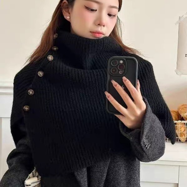 New Korean-style slit neck scarf for women, thickened and fashionable for autumn and winter, warm knitted woolen shawl with high collar