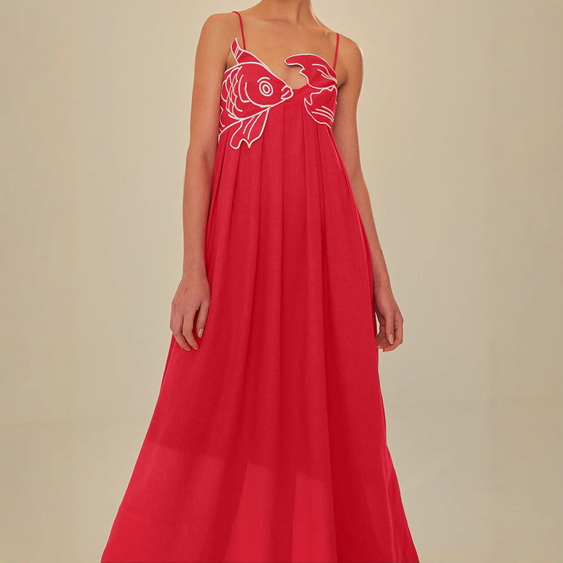 Fish-Shaped Three-Dimensional Embroidered Pleated Red Strapless Dress 2024 Spring/Summer New Style with Open Back and Cinched Waist Fish-Shaped Three-Dimensional Embroidered Pleated Red Strapless Dress 2024 Spring/Summer New Style with Open Back and Cinched Waist