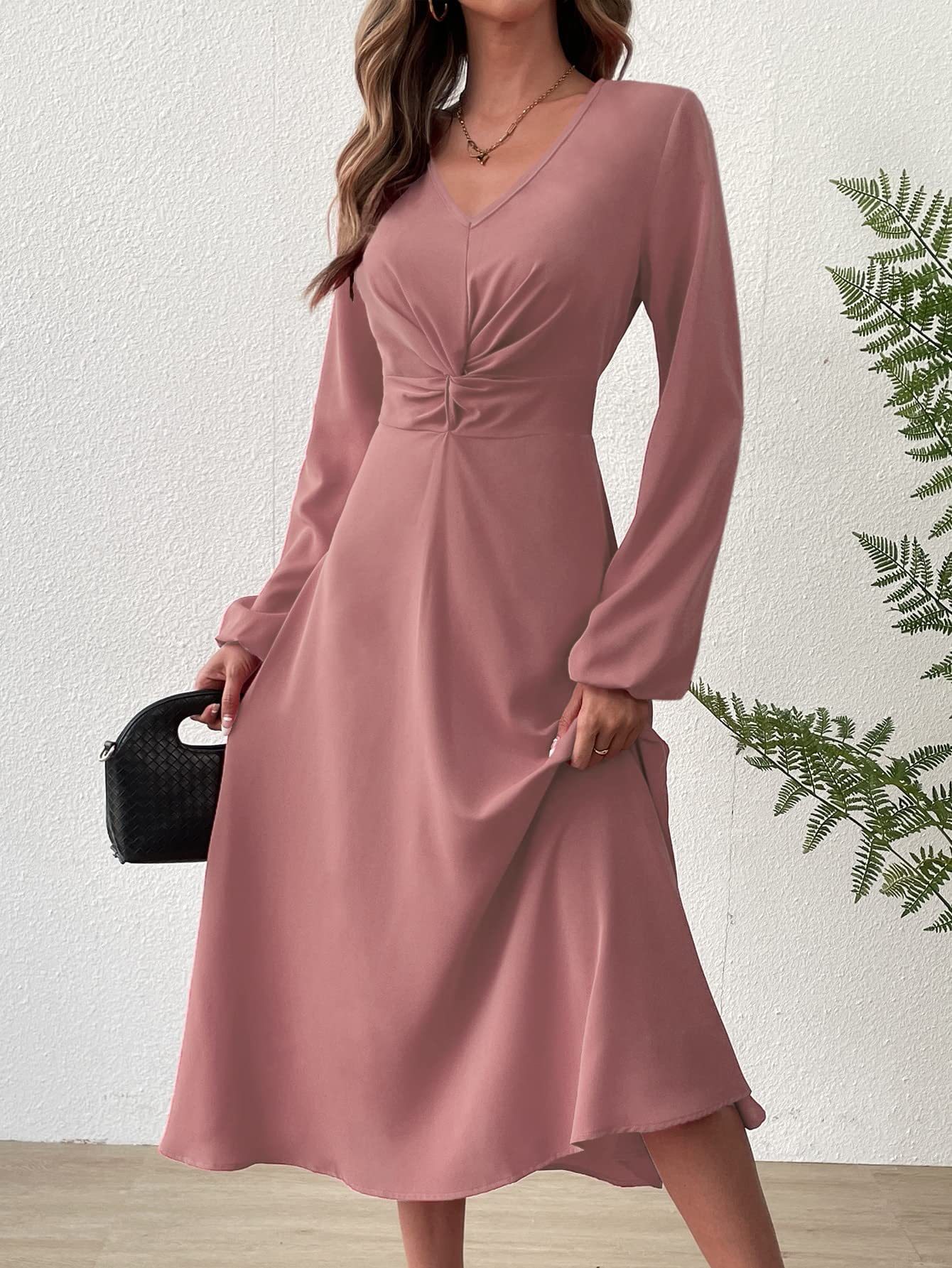 European And American Women' Spring Summer Fahion V-Neck Lantern Long Sleeve Twit Edge Elegant Mid-Length_ecoleips.com