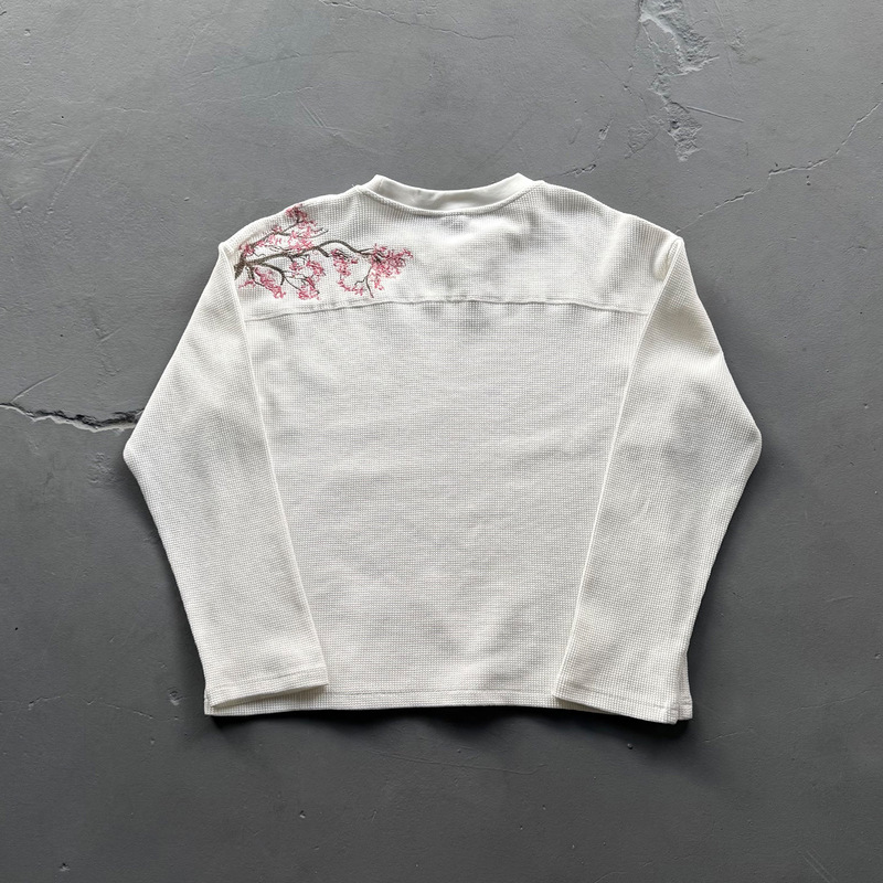 High-Quality Derschutze Cross-Border American Embroidered Cherry Blossom Waffle Long-Sleeved T-Shirt Bottoming Shirt Round Neck Top