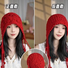 民族风手工钩花帽子女秋冬覆古花朵双层保暖针织帽出游套头毛线帽