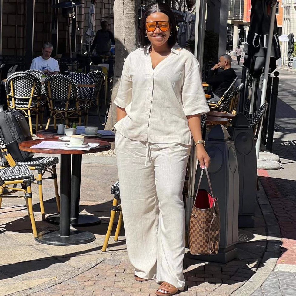 European and American Commuter Women's Fashion V-Neck Solid Color Shirt and African High-Waisted Tie-Up Straight-Leg Pants Two-Piece Set Trendy