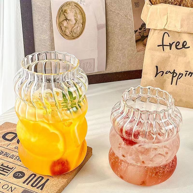 Taza de oruga transfronteriza, taza de vidrio gordo vertical con paja, taza de jugo transparente, taza de café fría al por mayor