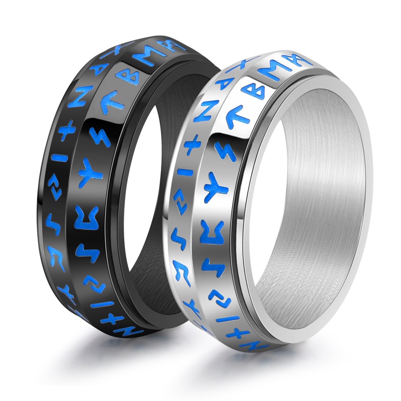 Cross-border Amazon retro Nordic style beveled Viking Luen Rune titanium steel luminous rotating men's personalized ring