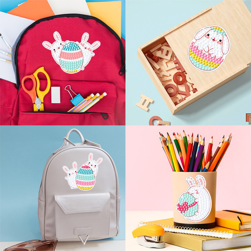 Venta caliente de dibujos animados huevo conejo diamante pintura libre pegatinas DIY pegatinas de pared niños hechos a mano pegatinas diamante redondo