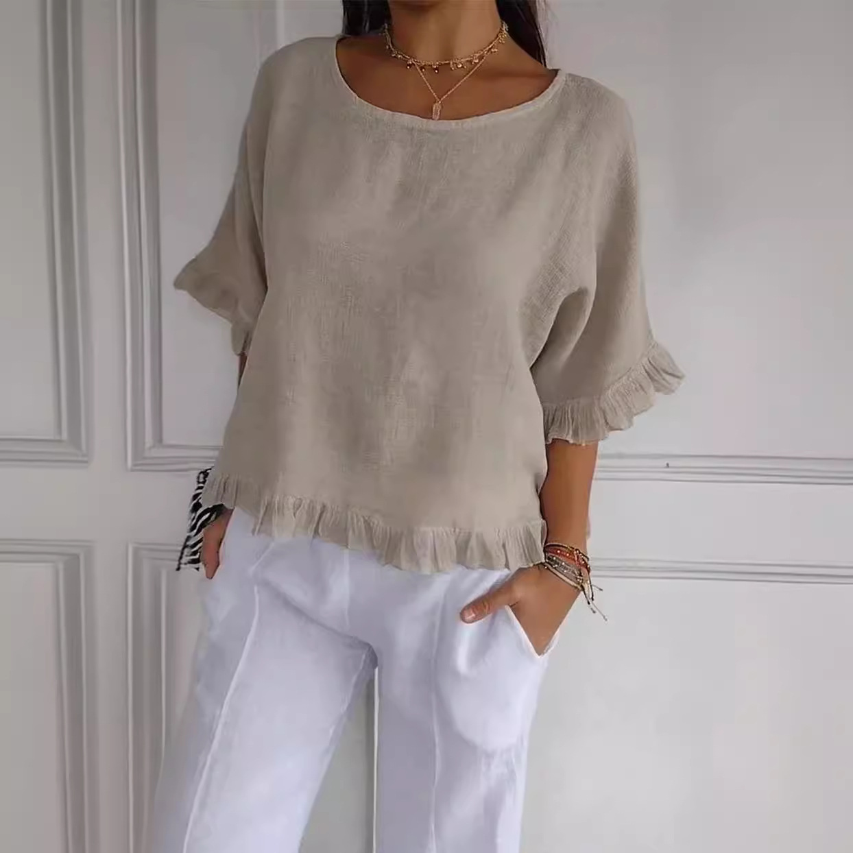 Women's Ruffled T-Shirt Casual Solid Color Short Sleeve Top For Summer New Arrival_voghion.com