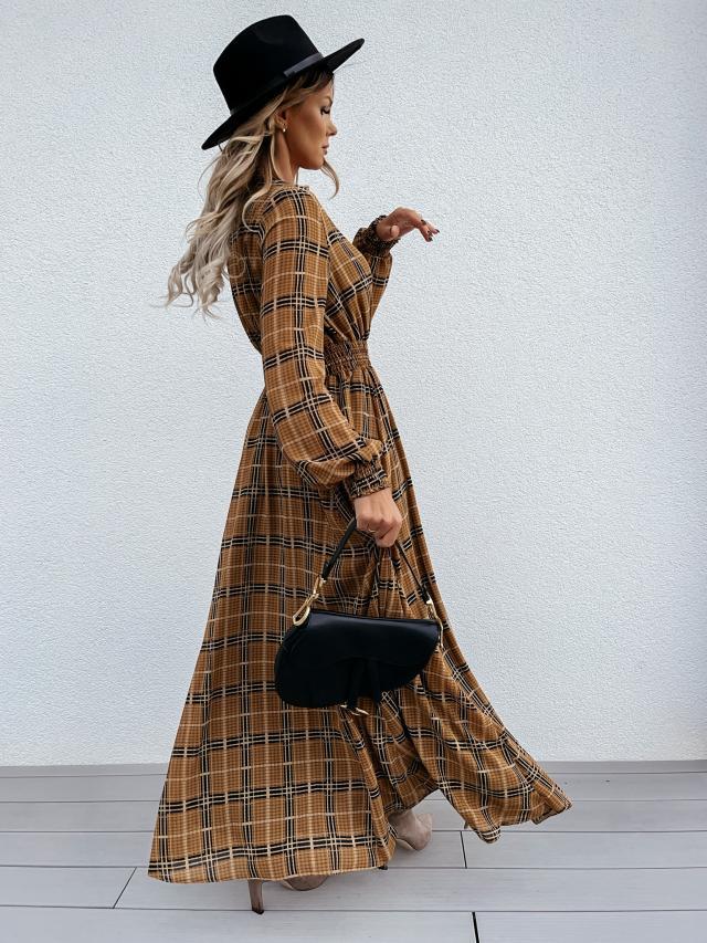 Robe fendue à la taille, imprimé écossais, manches longues, pour femmes_voghion.com