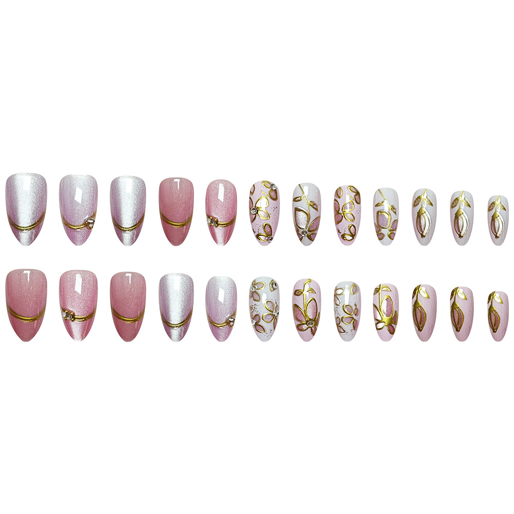 Comercio exterior estereoscópico LIP oro ojo de gato punto de perforación de uñas elegante polvo desnudo para usar uñas cortas 24 piezas de parche de uñas falsas