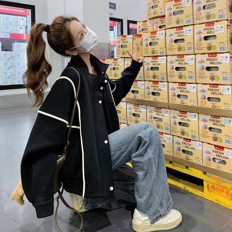 黑色设计感棒球服女慵懒风2025春秋新款韩版宽松流行撞色条纹外套|undefined