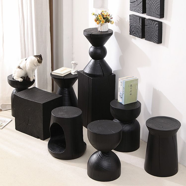 Carbonized black personalized design solid wood stool flower stand base decorative corner stand original wood tree stump retro bench side table