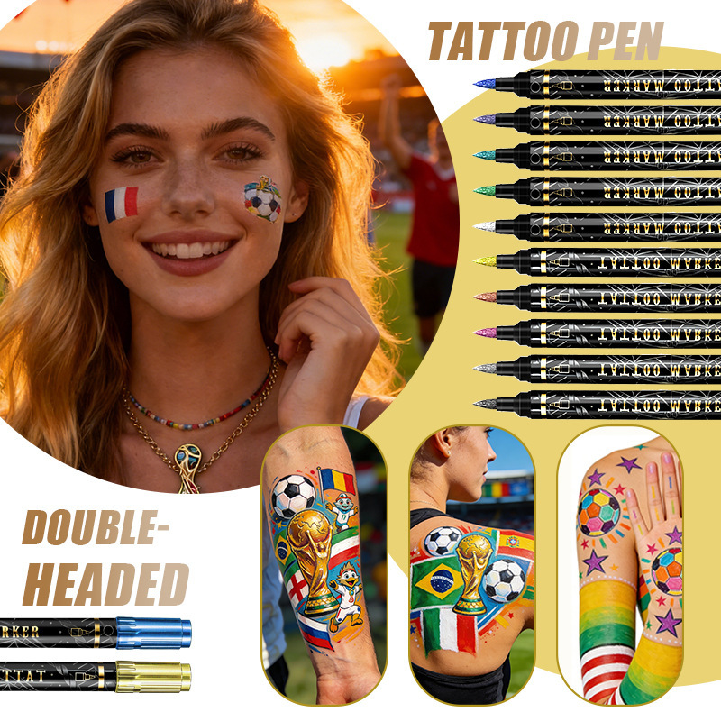 World Cup Temporary Tattoo Marker Pen Double-Ended Dual-Color Body Painting Tattoo Pen Soft Tip Metallic Skin Marker Pen