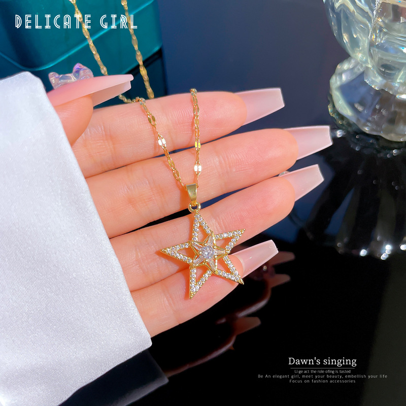 Collar de pentagrama con diamantes en oro real para mujer_voghion.com