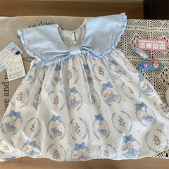 韓版童裝2024新款夏季女童翻領碎花連衣裙兒童度假風清新公主裙子