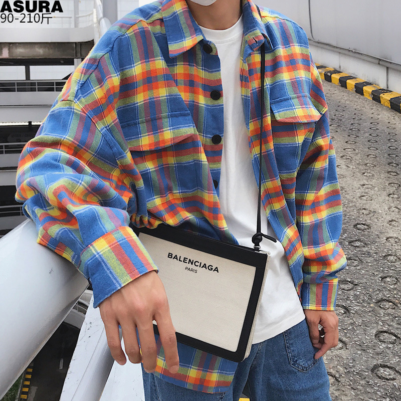 2025 New Rainbow Plaid Shirt Men's Long Sleeve Loose Hong Kong Style Ins Internet Popular Fairy Shirt Coat