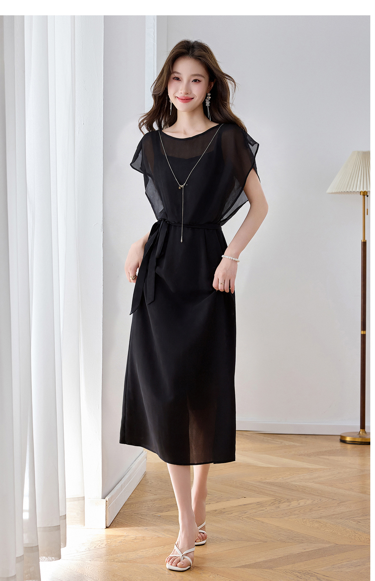 Đầm maxi nữ thắt eo thiết kế tân cổ điển cao cấp — màu đen, Chấm tròn chi tiết 17