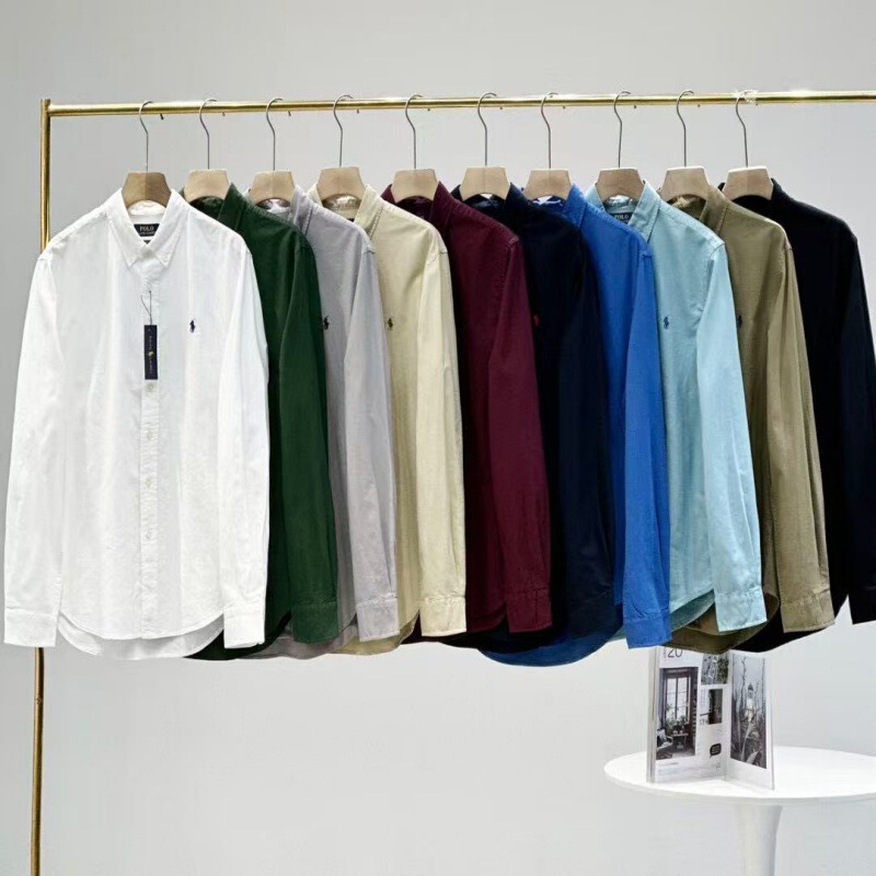 High Version Ralph Shirt RL Pony Embroidered Solid Color Oxford Spinning Men's and Women's Casual All-match Loose Long-sleeved Shirt