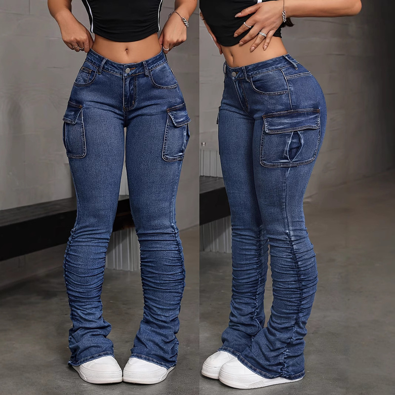 European and American Cross-Border Women's Denim Trousers with Side Pleat Design, Mid-High Waist Elastic Retro Dark Blue Workwear Pile Pants European and American Cross-Border Women's Denim Trousers with Side Pleat Design, Mid-High Waist Elastic Retro Dark Blue Workwear Pile Pants