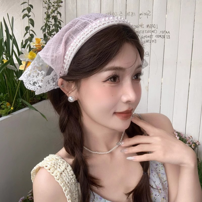Turbante de encaje retro francés, niña, diadema dulce y linda, diadema, diadema triangular, foto de viaje de verano, tocado