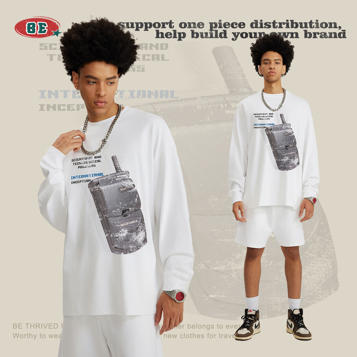 Ropa para hombre BE | Camiseta de manga larga para hombre, estilo retro americano holgado, con estampado de teléfono móvil, cuello redondo, de marca moderna, talla grande, otoño 2025.