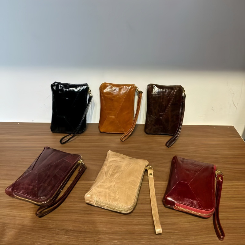 新款便携零钱包美式复古植鞣牛皮拉链卡包收纳包时尚大容量小钱包