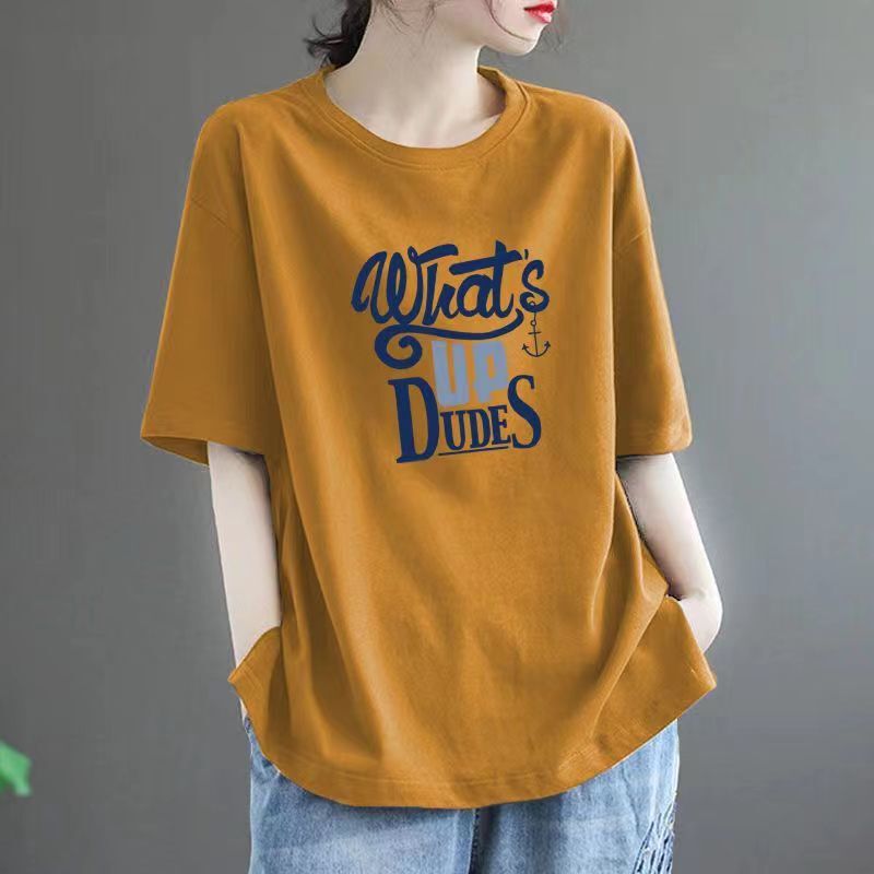 Pure Cotton Summer New Large Size Loose Printed Round Neck Top Female Student Trendyy Versatile Harajuku Style Short-Sleeved T-Shirt