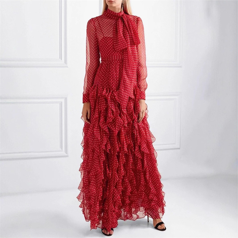 Early Autumn European and American Niche Goddess-Style Fairy-Like Polka Dot Ruffled Ribbon-Tie Puffy Long Dress Gown