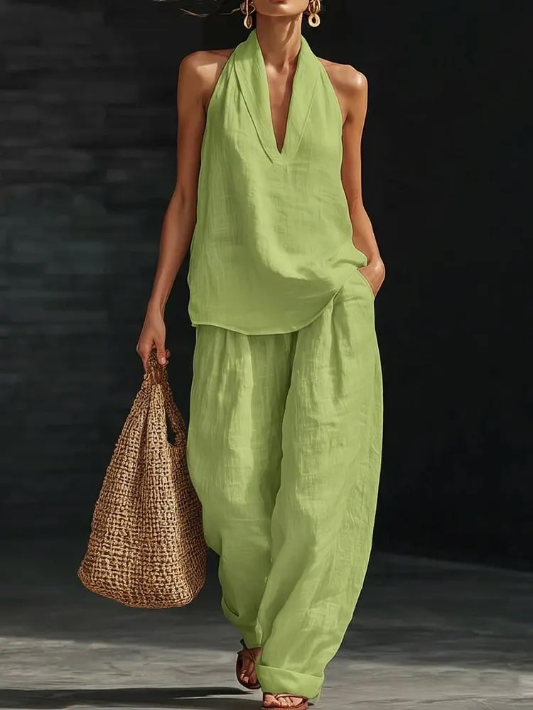 Women's Linen Two-Piece Set Vest And Camisole Office Casual Summer Outfit Breathable Comfort_ecoleips.com