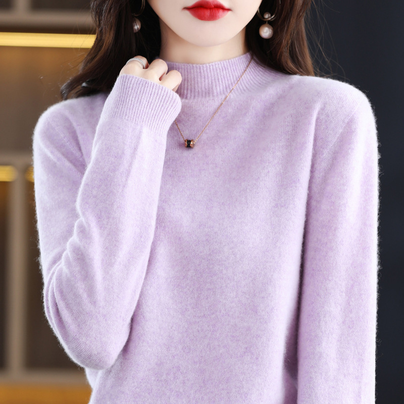 100% Pure Woolen Sweater Autumn and Winter New Women's Half-turtleneck Pullover Short Loose plus size Knitted Base Shirt Sweater