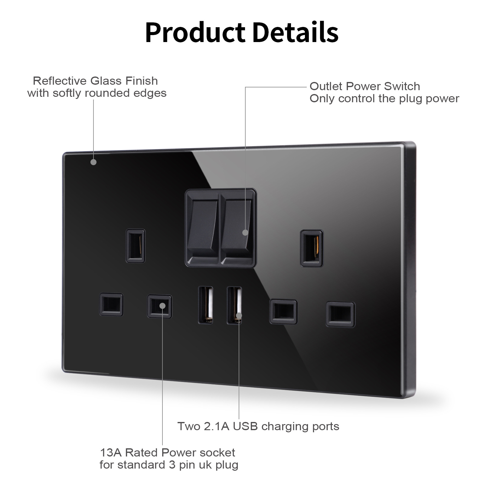 CNBingo两联13a插座智能家居双USB3.1A英国墙插带充电接口家用墙