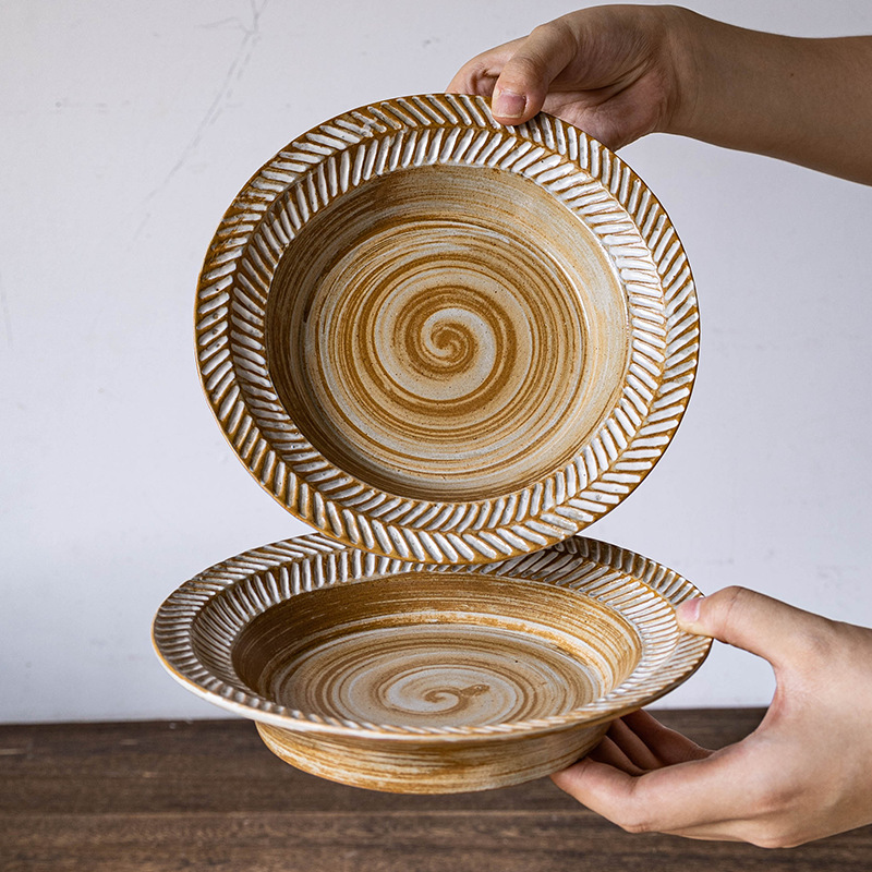 【Threaded Wheat Straw Hat Bowl】Coarse Ceramic Household Vegetable Bowl Niche Private Kitchen Pasta Bowl Dessert Bowl Beautiful Tableware