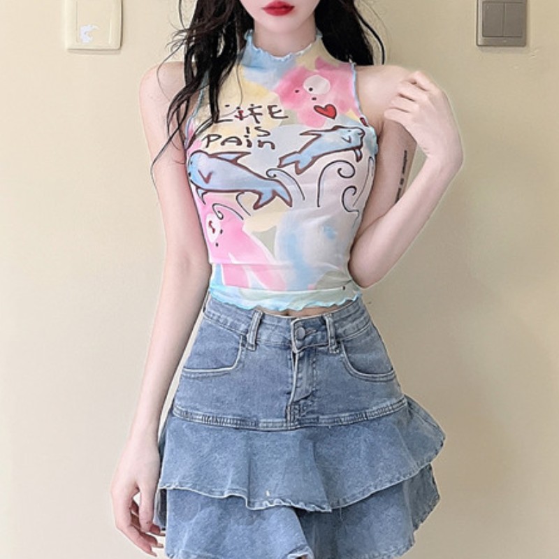2024 European and American style round neck pullover sleeveless printed ruffled crop top/vest for European and American women.
