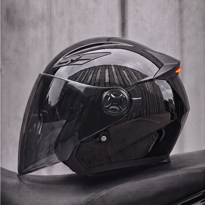 Motosiklet kaskı (dəbilqə) — LED tail light, half helmet - piano-black-black-tea-mirror-free-transparent-mirror-msuitable-for-head-circumference-57-58-cm