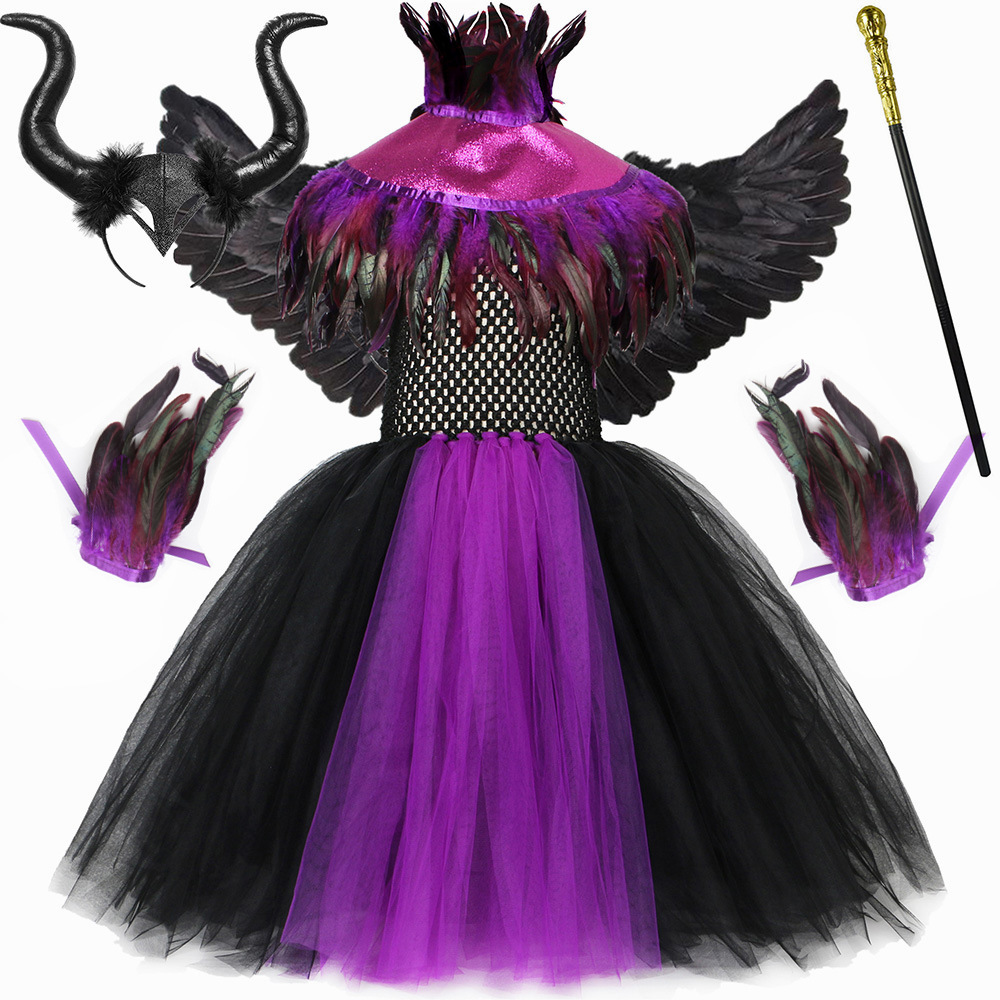Kinderkleding kinderkleding Halloween kinderheksenkostuum Sleeping Curse meisjesjurk verensjaal paarse en zwarte jurk_voghion.com