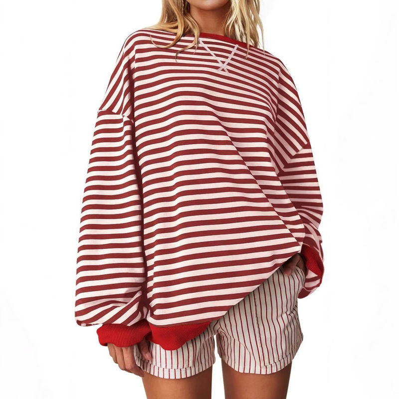 Cross-Border Exclusive Supply of Large Striped Sweatshirts for European and American Women, Autumn and Winter Simple Loose Round Neck Long-Sleeve Pullover Tops for Foreign Trade Cross-Border Exclusive Supply of Large Striped Sweatshirts for European and American Women, Autumn and Winter Simple Loose Round Neck Long-Sleeve Pullover Tops for Foreign Trade