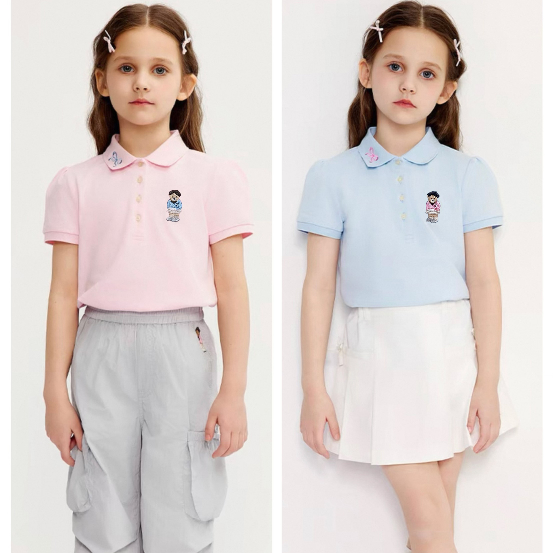 New style short-sleeved breathable polo shirt with turn-down collar for girls and toddlers, featuring a bear design.