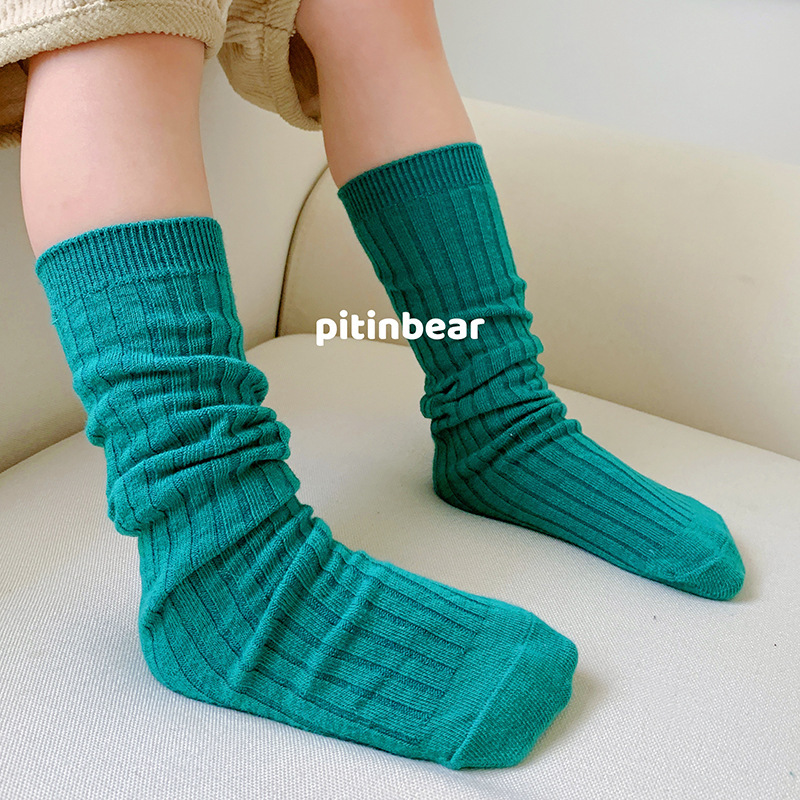 Korean Style 2023 Spring and Summer Solid Color Stacked Socks Straight Board Children's Socks Average Size No Heel Girls' Mid-Length Children's Socks