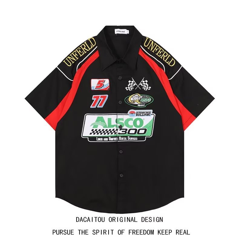 Street Motorcycle Color-Blocked Embroidered Short-Sleeved Shirt for Men with Long Sleeves and Handsome