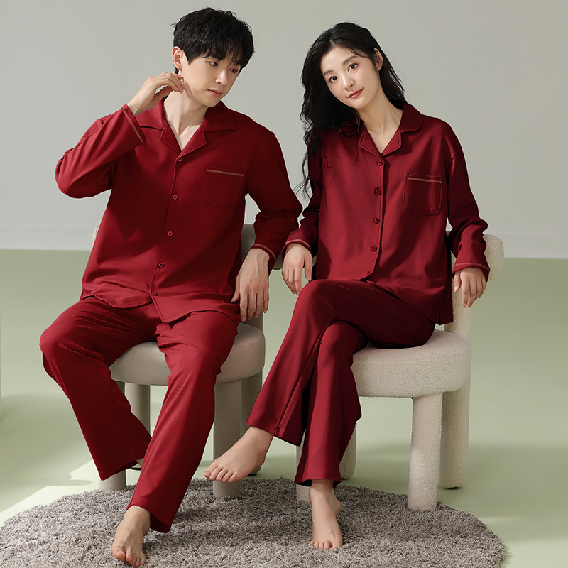 커플 잠옷 홈 순수 코튼 긴 소매 축제 레드 웨딩 조디악 년 간단한 캐주얼 가디건