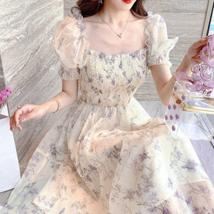 Summer Tea Break French Ink Painting Waist Slimming Temperament Ladies White Chiffon Dress Women's Shopping Mall Same Style