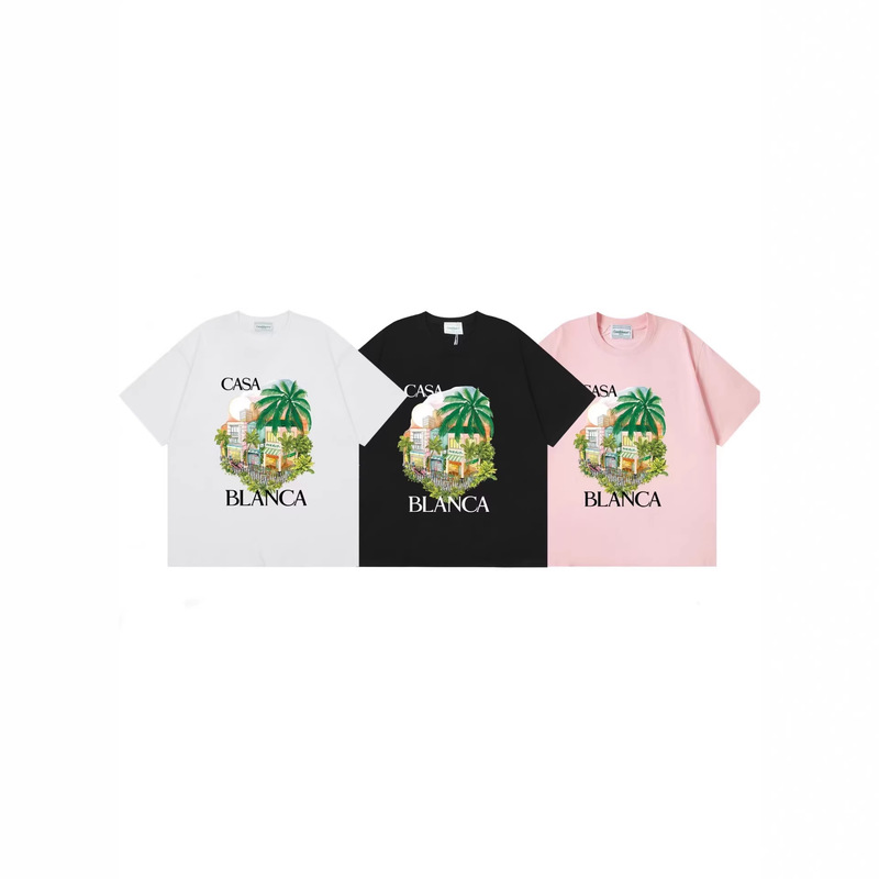 Cross-Border Exclusive Supply of Casblanca's New Diamond-Cut Pattern Logo Letter Print Pure Cotton Short-Sleeved T-Shirts for Men and Women Cross-Border Exclusive Supply of Casblanca's New Diamond-Cut Pattern Logo Letter Print Pure Cotton Short-Sleeved T-Shirts for Men and Women