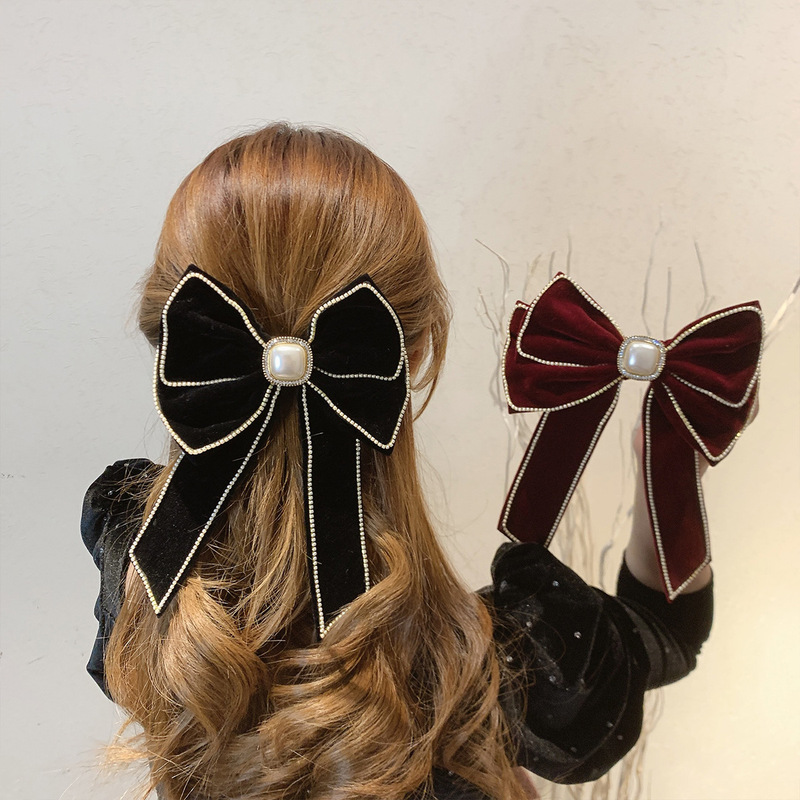 2pcs black wine Velvet bow hairpin female back head rhinestone big bow head ornament ponytail hair ornament