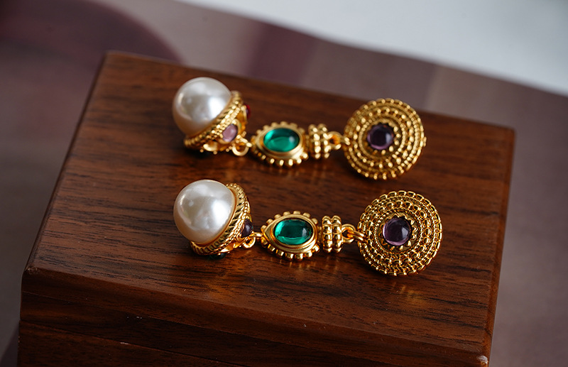 Retro Round Copper Inlay Artificial Pearls Zircon Drop Earrings 1 Pair