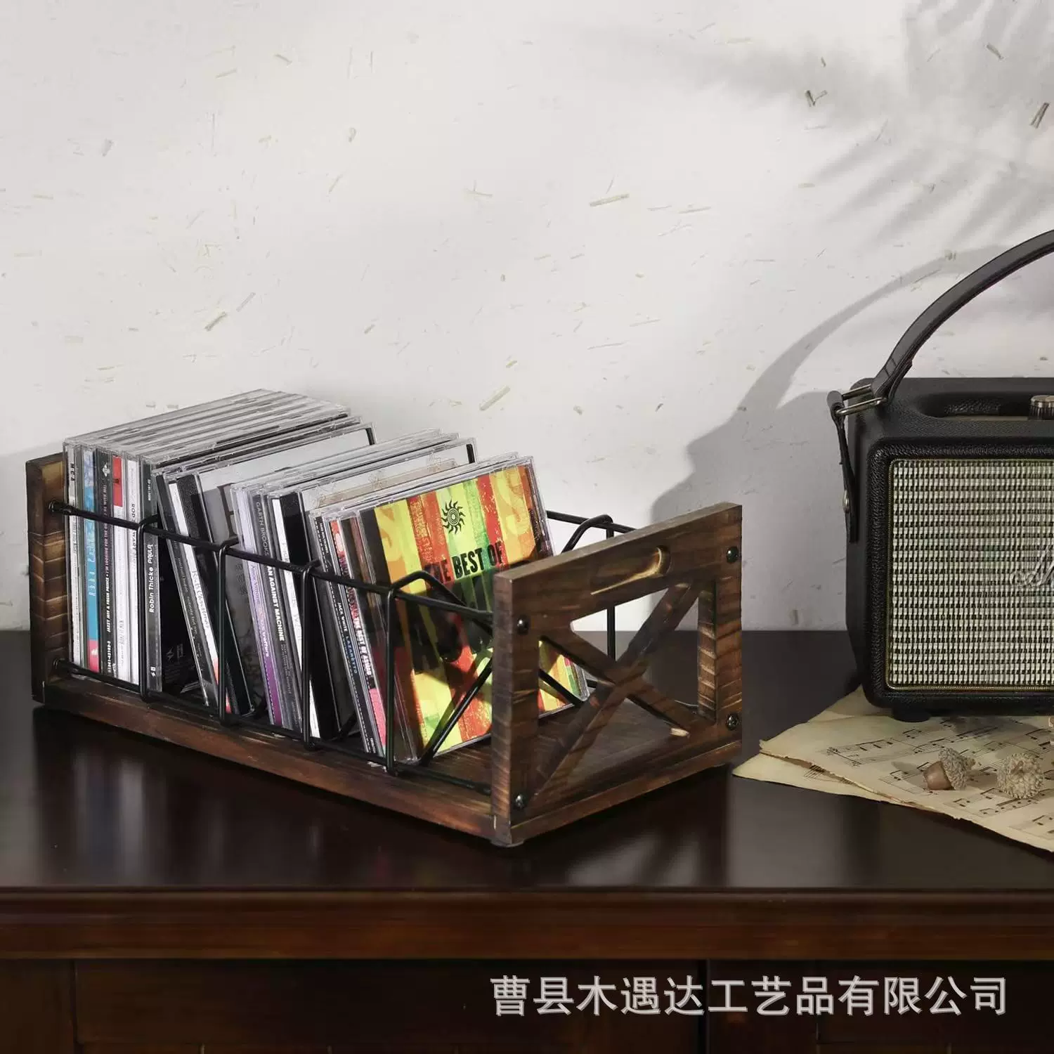 木质CD专辑收纳架手提式报刊杂志架黑胶唱片陈列架实木桌面收纳筐