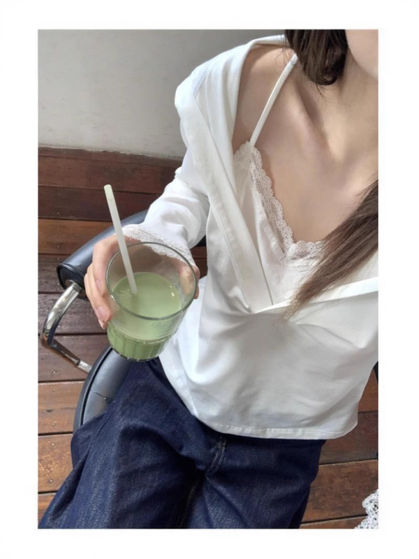 【自宅工場現物】長袖tシャツ女性の早秋デザイン感レースの偽二枚の帽子付き上着|undefined