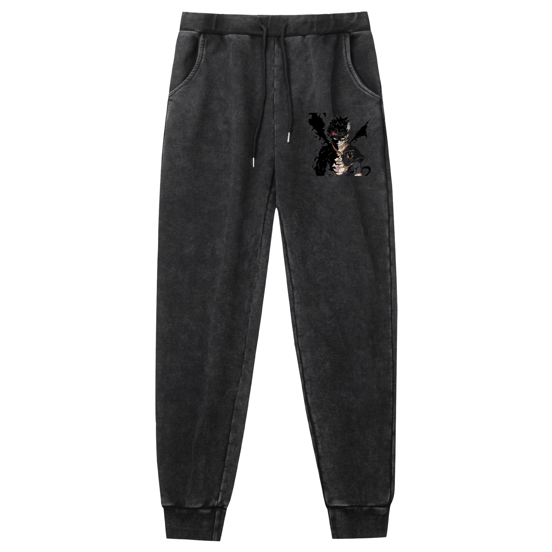 Lavado de comercio exterior y pantalones retro desgastados Trébol de cuatro hojas negro Black Clover impresión de venta caliente de código europeo