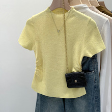 漂亮正肩短袖羊毛针织衫女2025夏季新款别致设计感不规则褶皱上衣