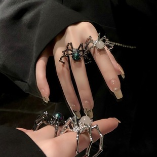 Black Spider Dark Punk Ring Ins Niche Design Moonstone Metal Minimalist Style Adjustable Open Ring