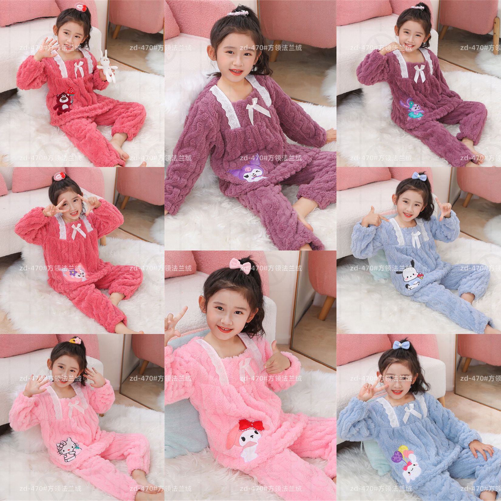 Otoño y invierno niños pijamas de franela niñas más terciopelo grueso coral terciopelo dibujos animados lindos set de ropa cálida para el hogar