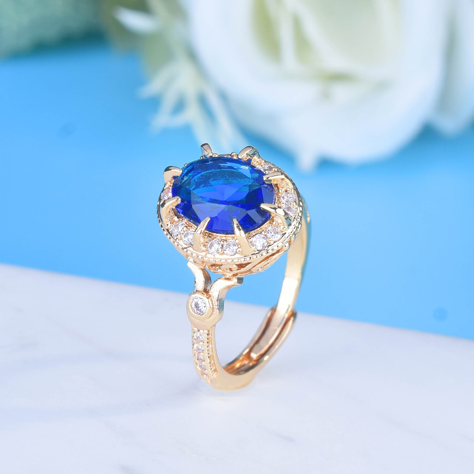 Fashion Retro Rings Royal Blue Jewelry Spinel Sapphire Opening Copper Ring display picture 1